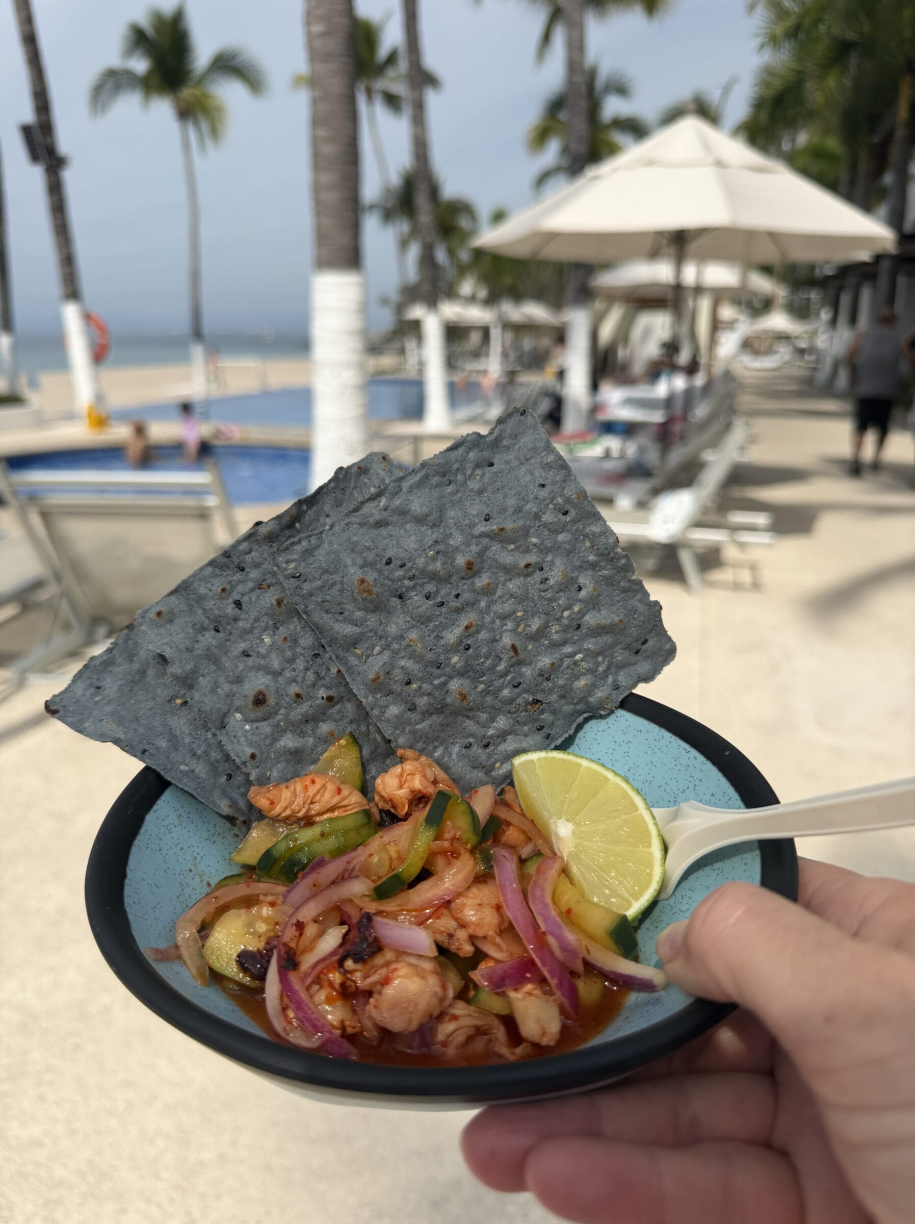ceviche in a bowl with a view of the beach
