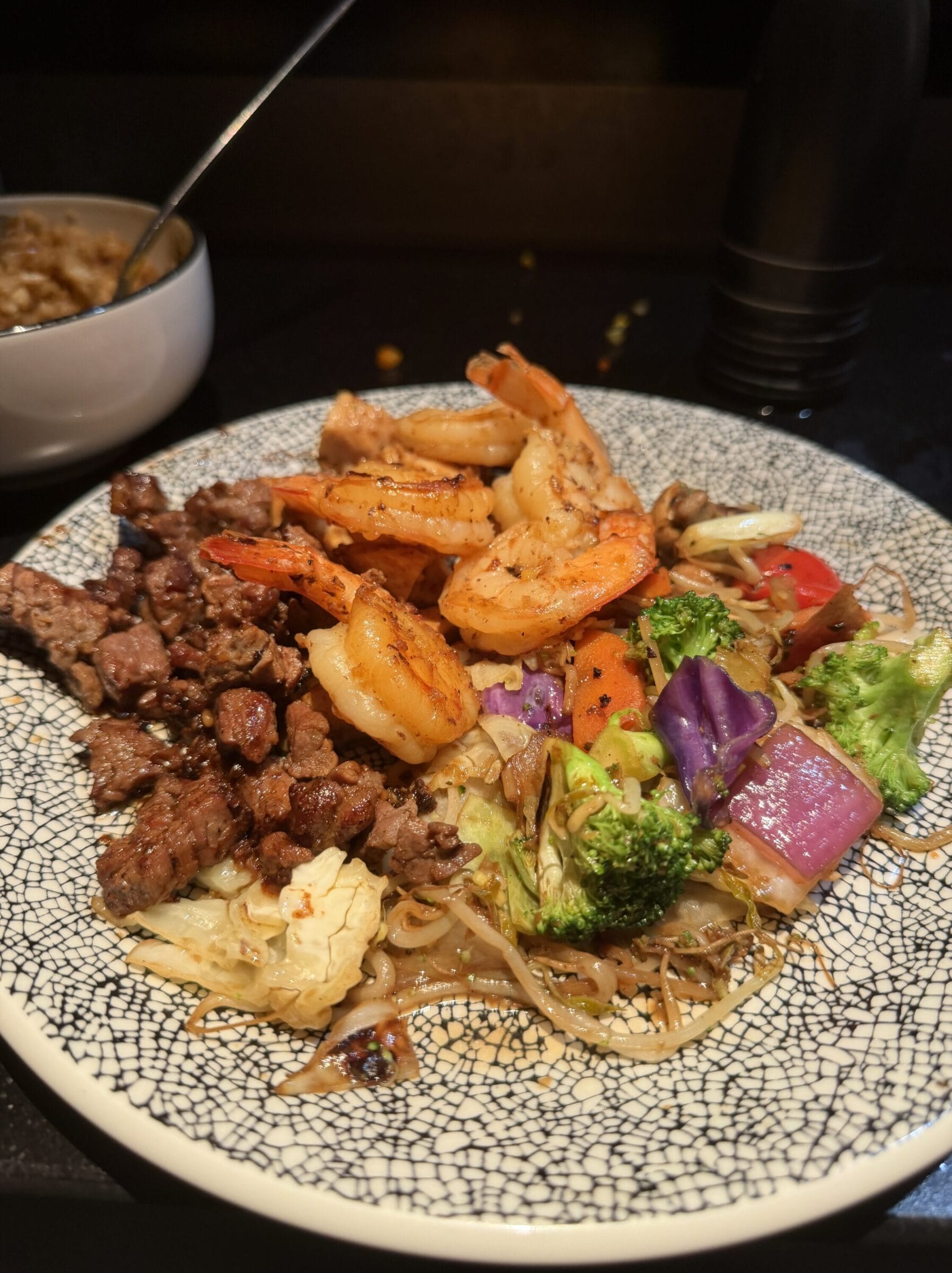Plate of garlic shrimp and rice