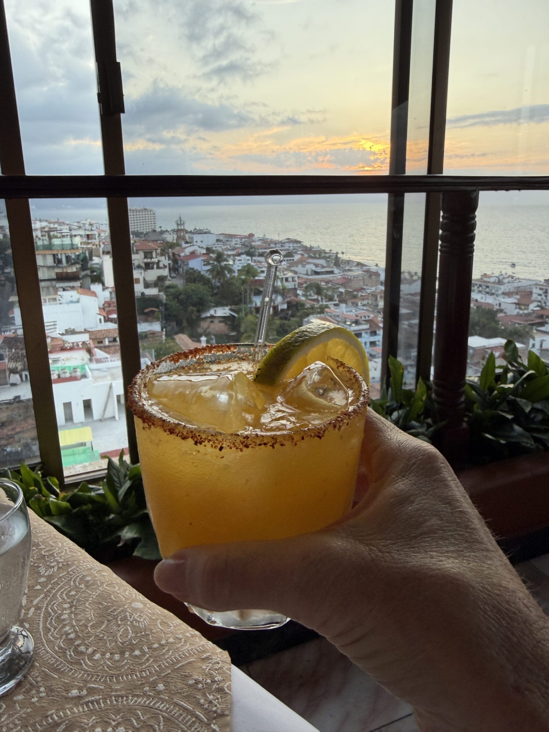 assign fruit margarita with a view over Puerto Vallarta from El Panorama Bar and Restaurant