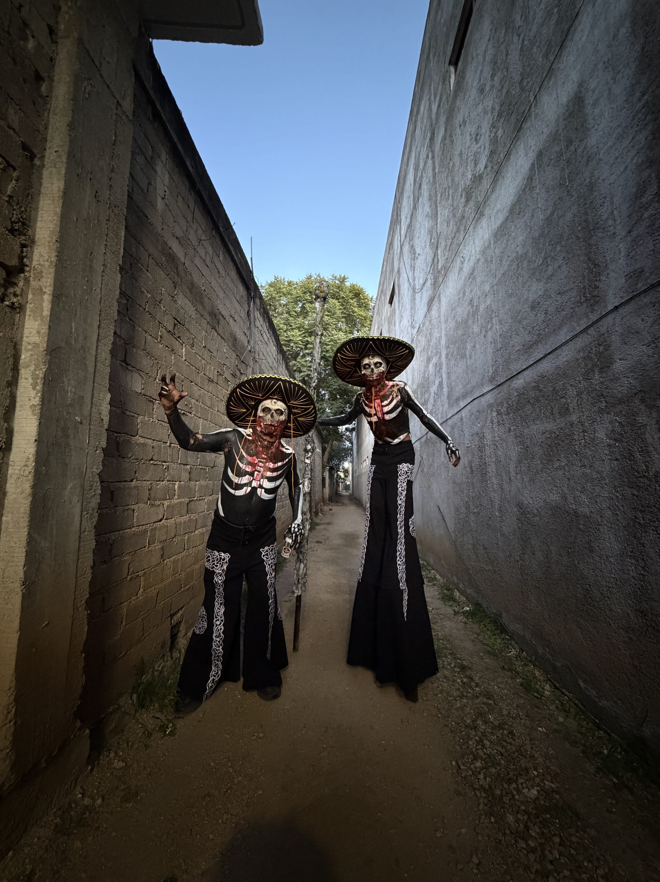 Two people in costumes celebrating Day of the Dead in oaxaca