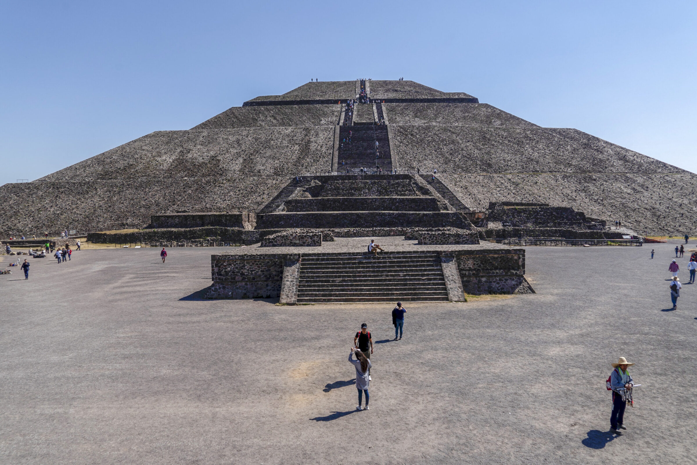 MEXICO CITY, MEXICO - JANUARY 30 2019 - Tourist at Teotihuacan pyramid ancient ruins one of the country most famous and visited archeological sites